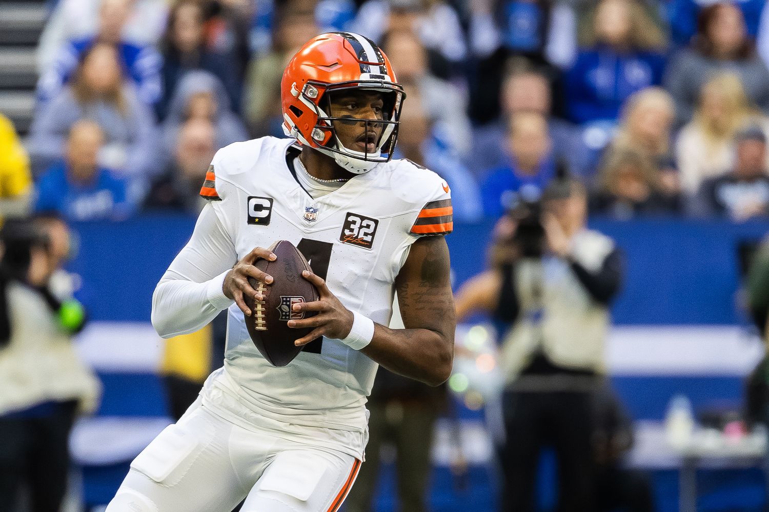 Oct 22, 2023; Indianapolis, Indiana, USA; Cleveland Browns quarterback Deshaun Watson (4) drops back to pass the ball in the first quarter against the Indianapolis Colts at Lucas Oil Stadium.